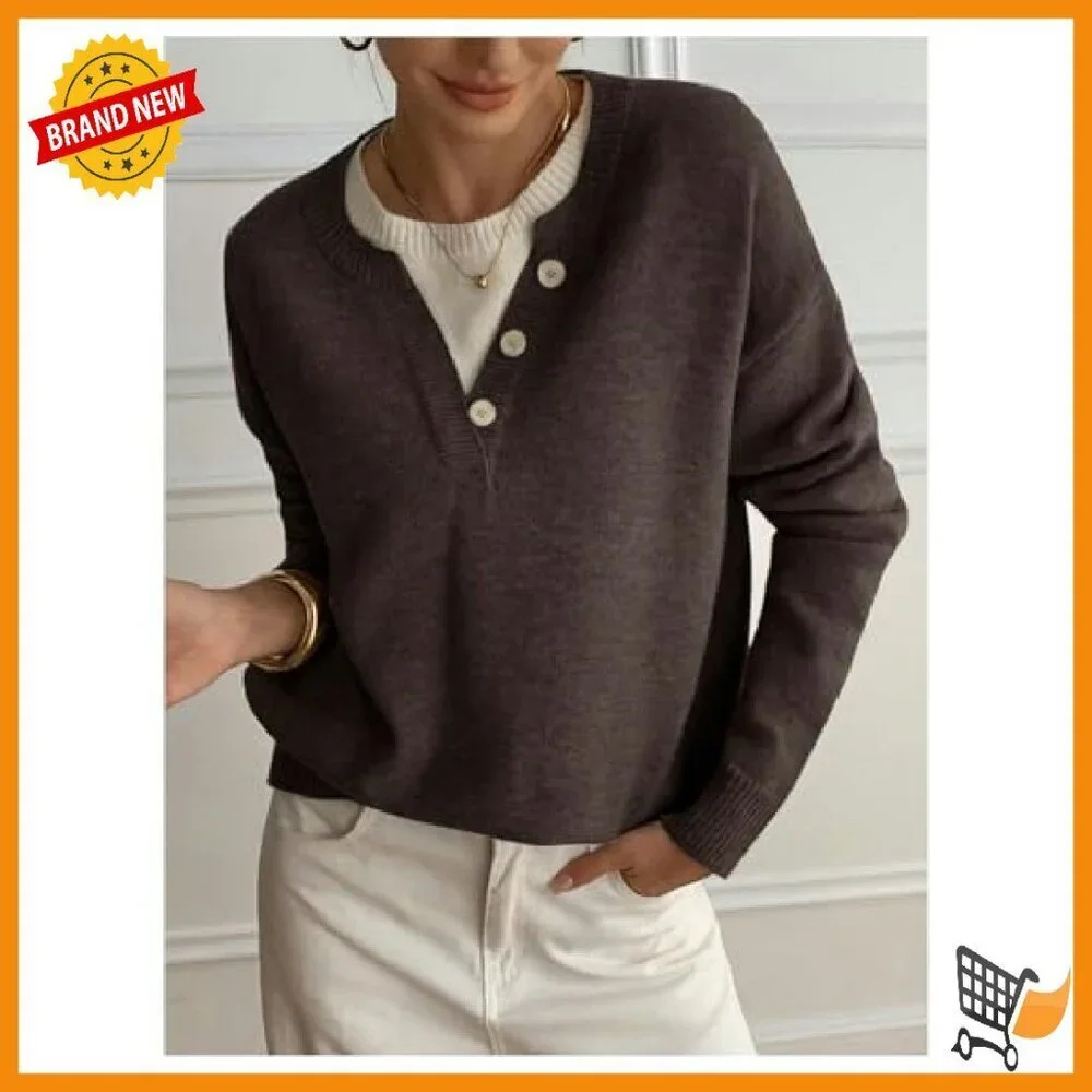 Women's Button Up V Neck Sweater Color Block Pullover Long Sleeve Cozy